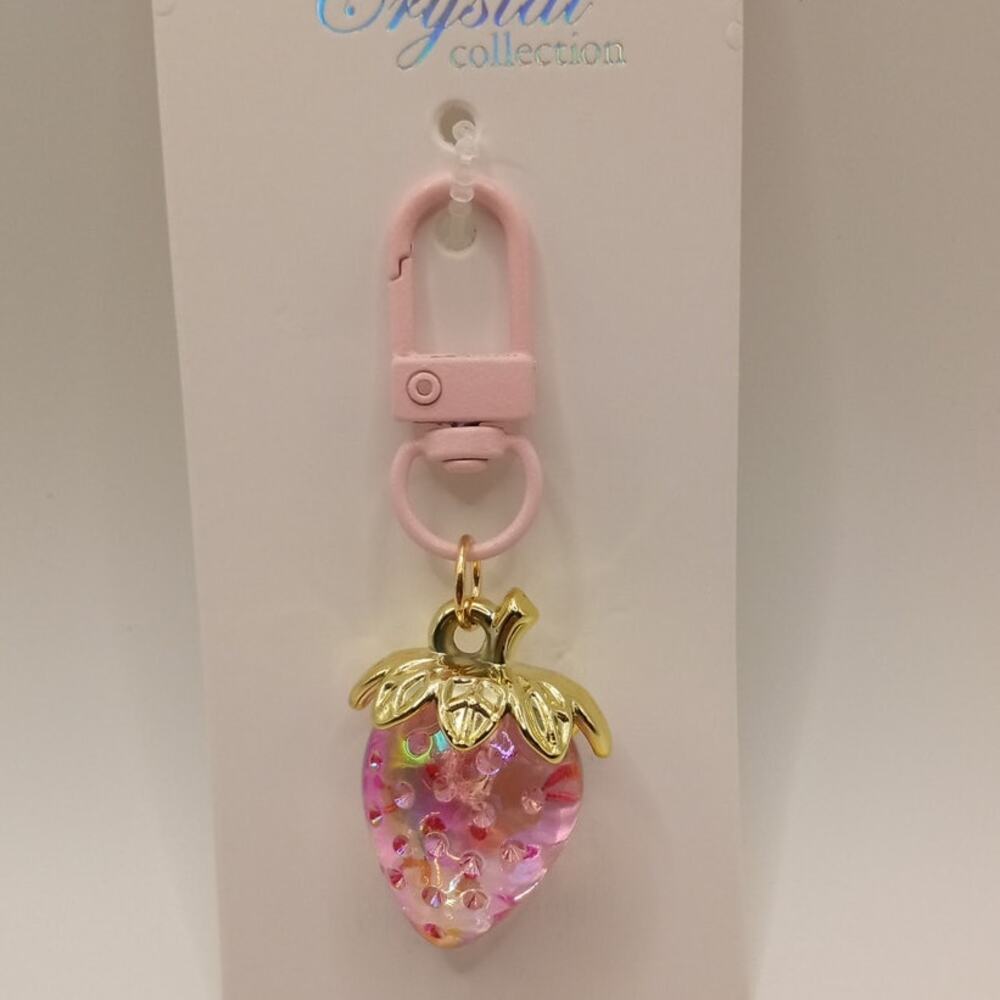 Light Pink Strawberry Zipper Pull Bookbag Purse Charm Goldtone detail 828-830